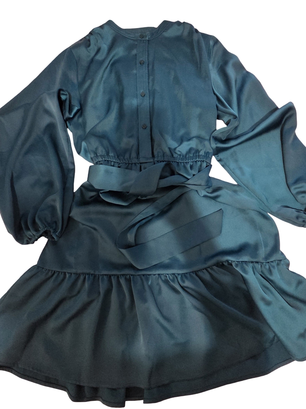 DKNY Teal Satin Long-Sleeve Dress with Waist Tie